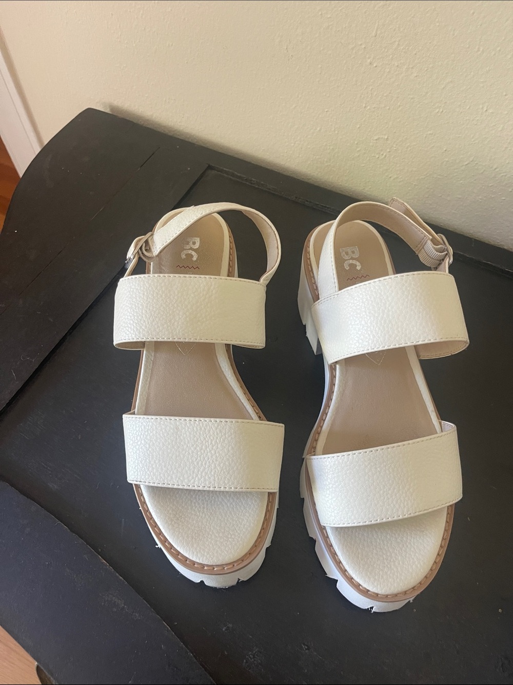BCBG Cream Leather Double-Strap Women’s Sandals